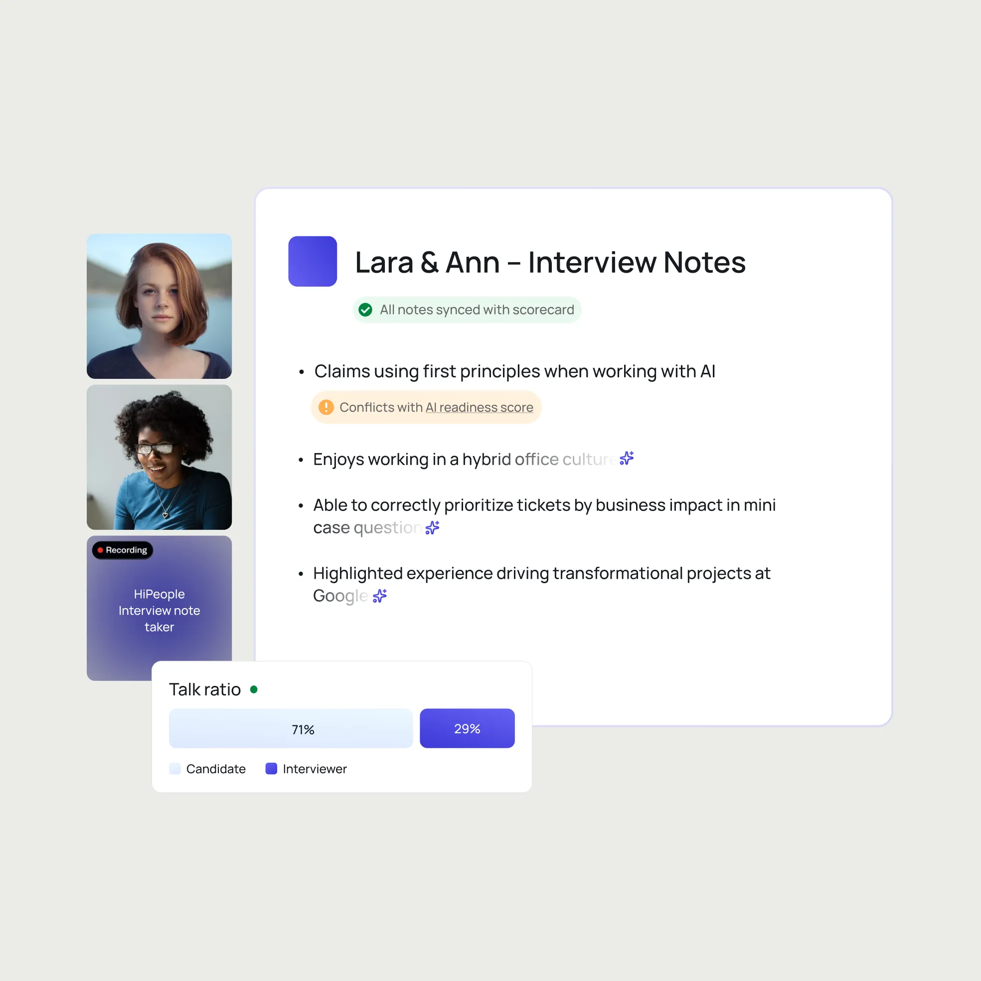 An interview-notes summary synced to a scorecard, with talk ratio and highlighted evidence.
