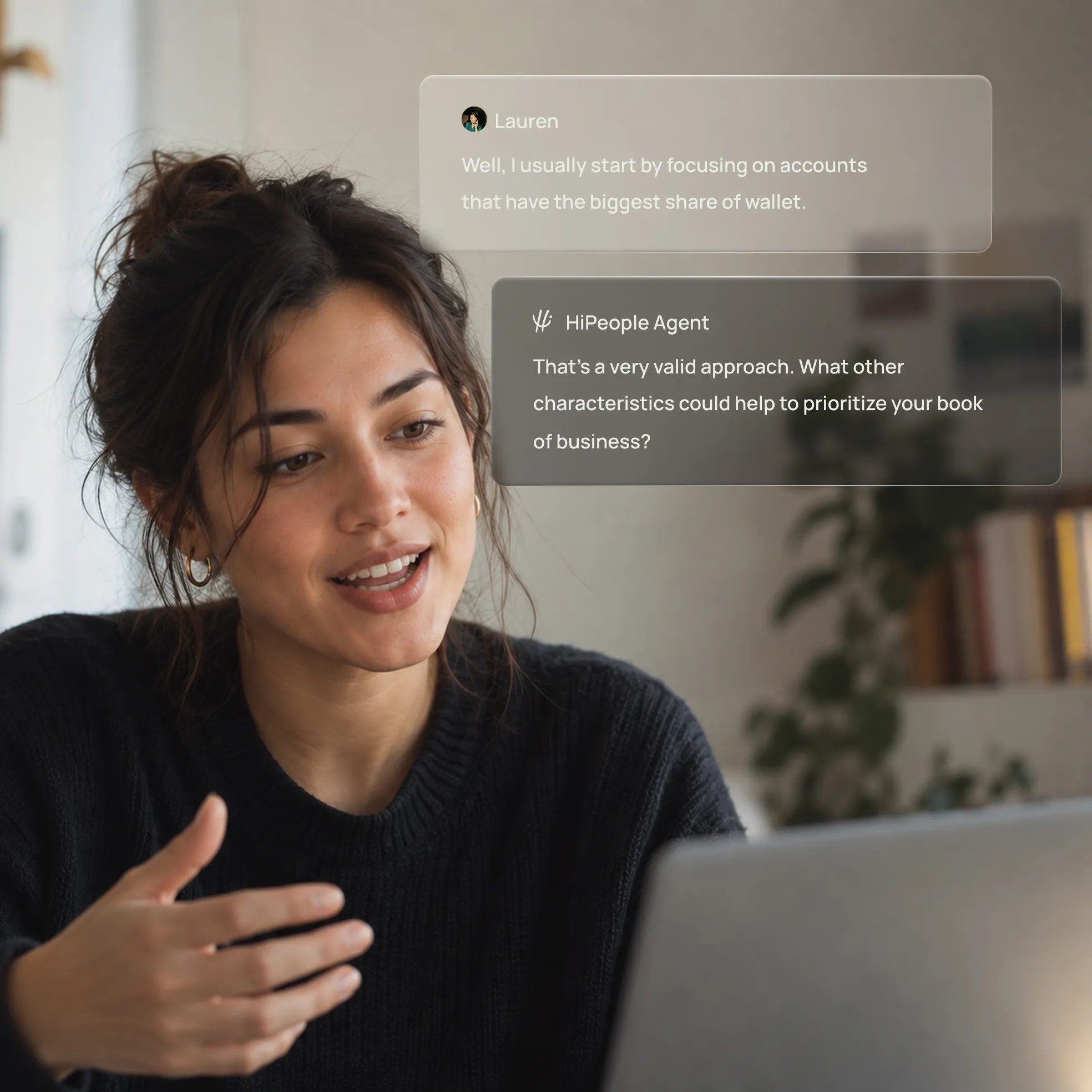 A candidate on a screening call, the HiPeople agent following up on her answer in chat.