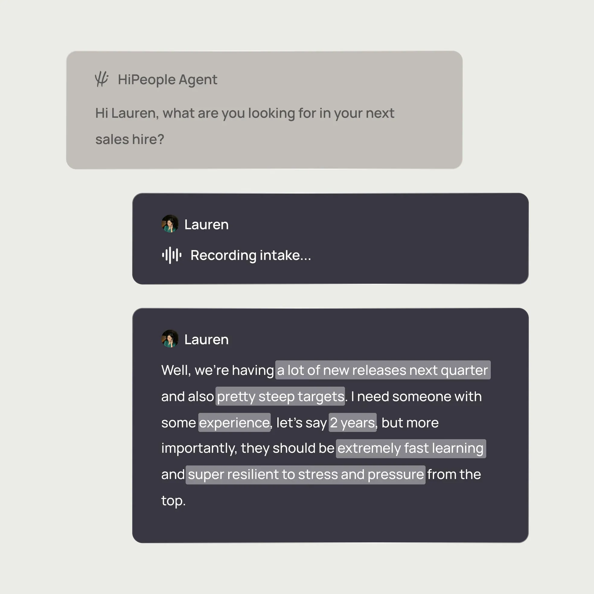 HiPeople's agent taking a hiring intake in chat, briefed on the role by the recruiter.