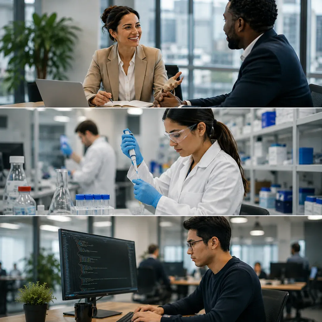 Professionals at work — an interview, a lab technician and a developer