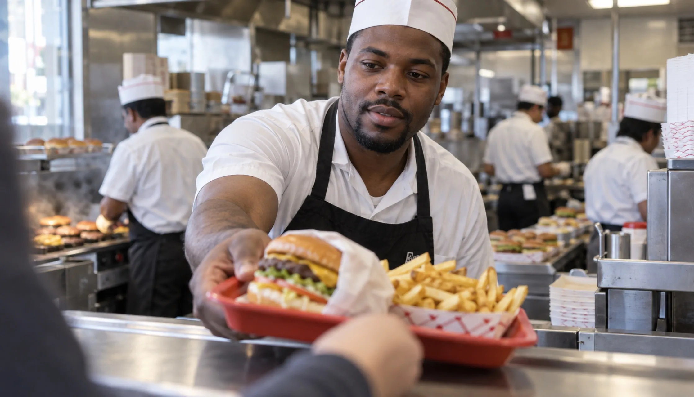 A restaurant staff simulation: plating a dish at the kitchen pass.